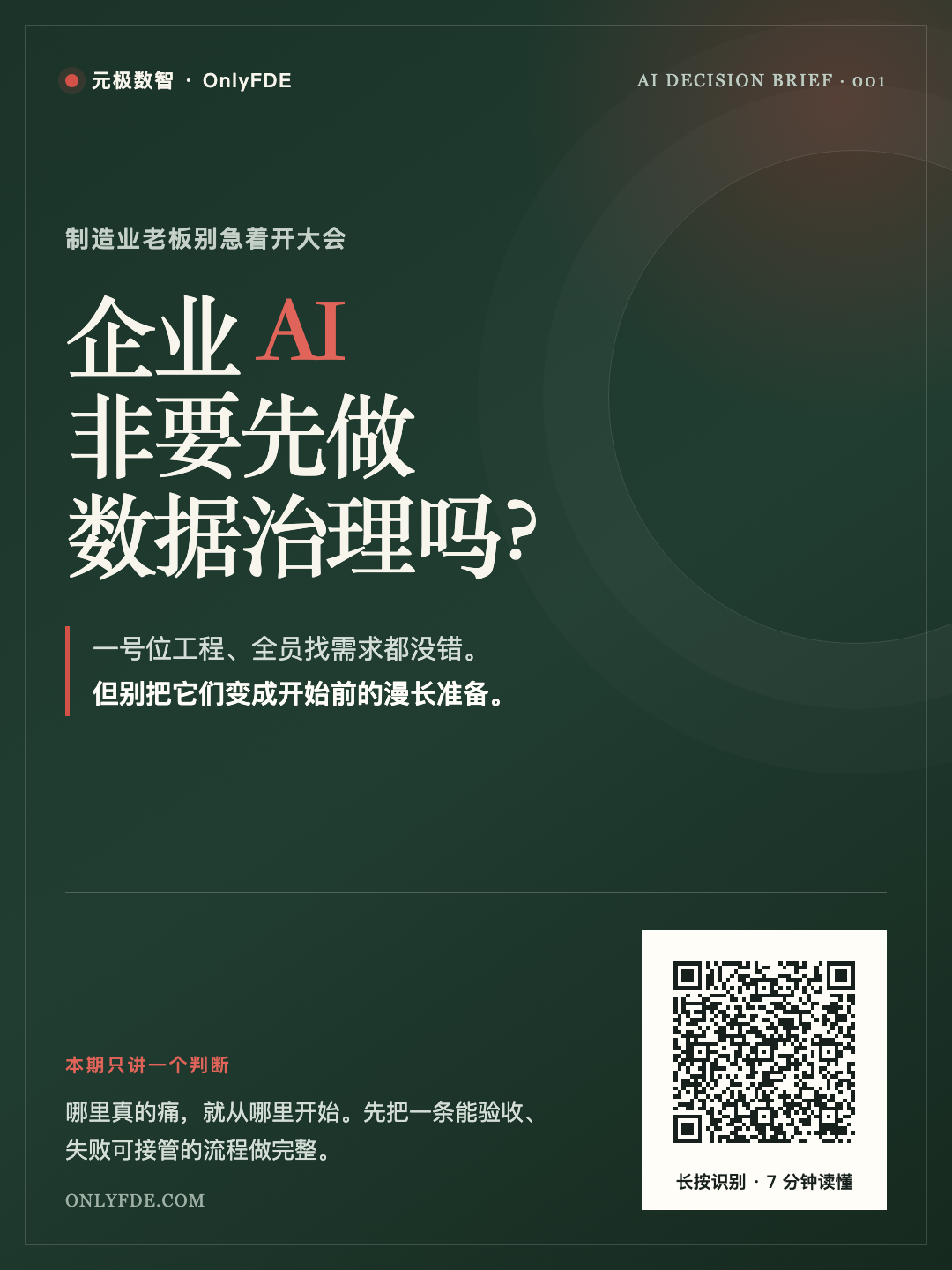 制造业老板的 AI 决策简报分享卡,二维码指向本文